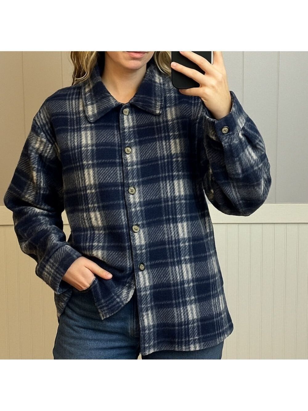 Vintage Route 66 Blue Plaid Fleece Shacket — 90s Western Grunge Cozycore